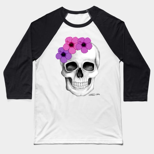 Skull With Flowers (On White Background) Baseball T-Shirt by GDGCreations